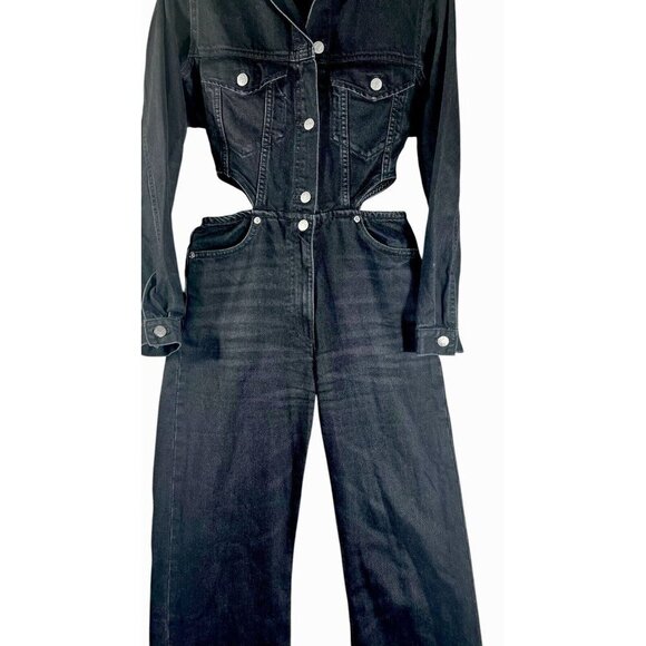 Zara XS Black Denim Jumpsuit Waist Cutouts Long Sleeve Classic Womens Jean - Picture 4 of 14